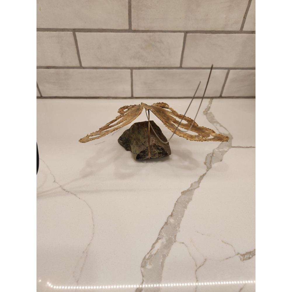 MCM Brutalist Kinetic Metal Art Sculpture Brass Butterfly on Real Rock Stone - Picture 3 of 14
